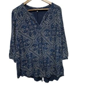Lucky Brand TShirt Womens 1X Plus Blue Bohemian Boho 3/4 Sleeve Split Back